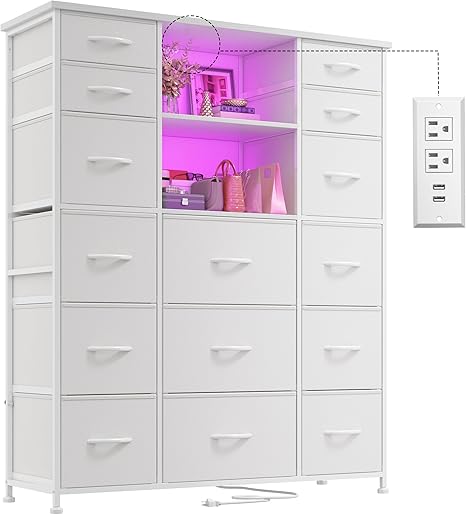 EnHomee 51" H White Dresser with 15 Drawers Dresser for Bedroom with Charging Station & LED Lights & Hutch Sturdy Bedroom Dressers, Steel Frame, Wood Top, 51.2" H x 39.3" W x 11.8" D