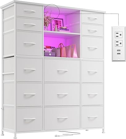 EnHomee 51" H White Dresser with 15 Drawers Dresser for Bedroom with Charging Station & LED Lights & Hutch Sturdy Bedroom Dressers, Steel Frame, Wood Top, 51.2" H x 39.3" W x 11.8" D