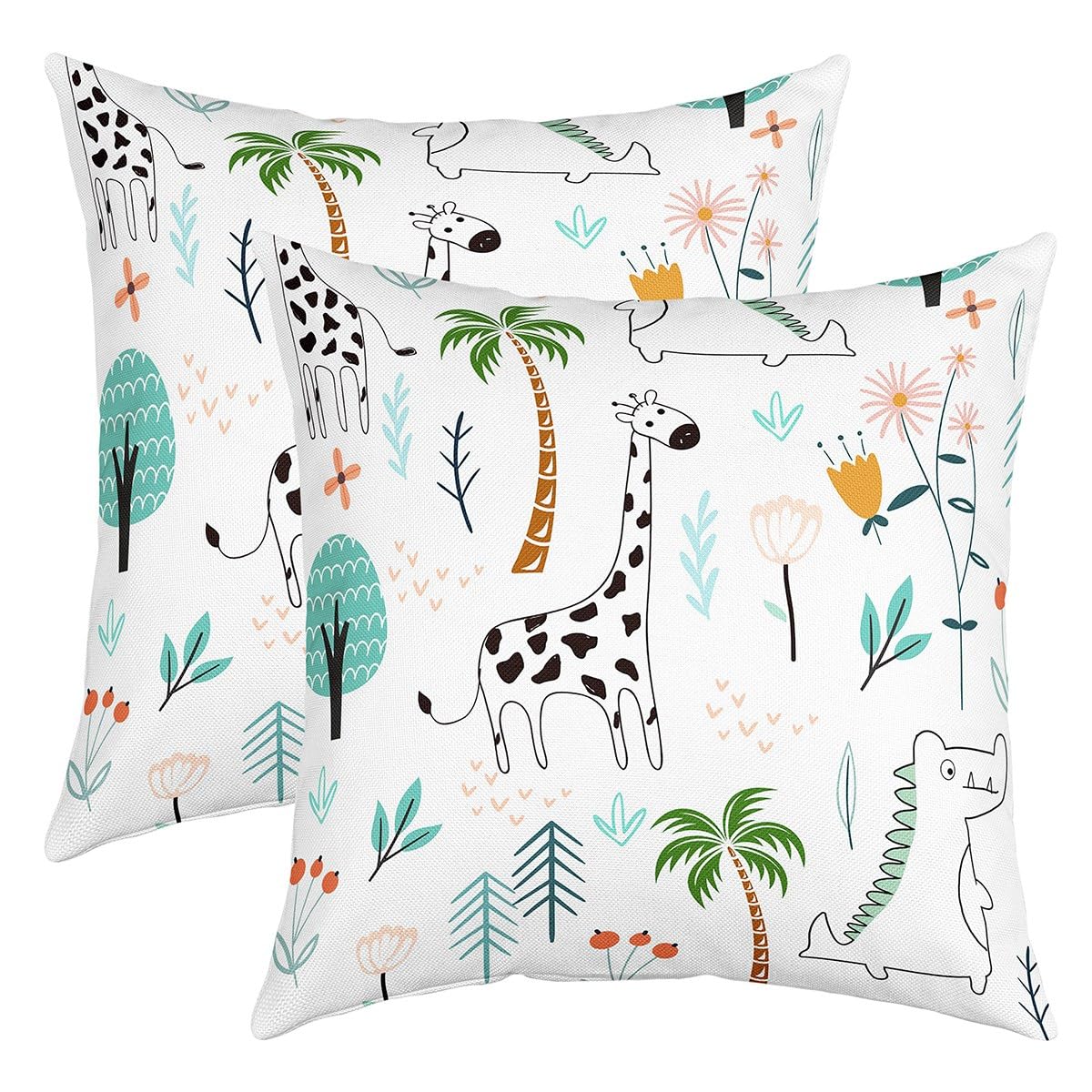 Cute Giraffee Decorative Throw Pillow Cover Kids Cartoon Dinos Animal Pillow Cover for Car Sofa Cocnut Tree Flowers Plant Home Decor Cushion Case Pillowcase 22x22,Pack of 2