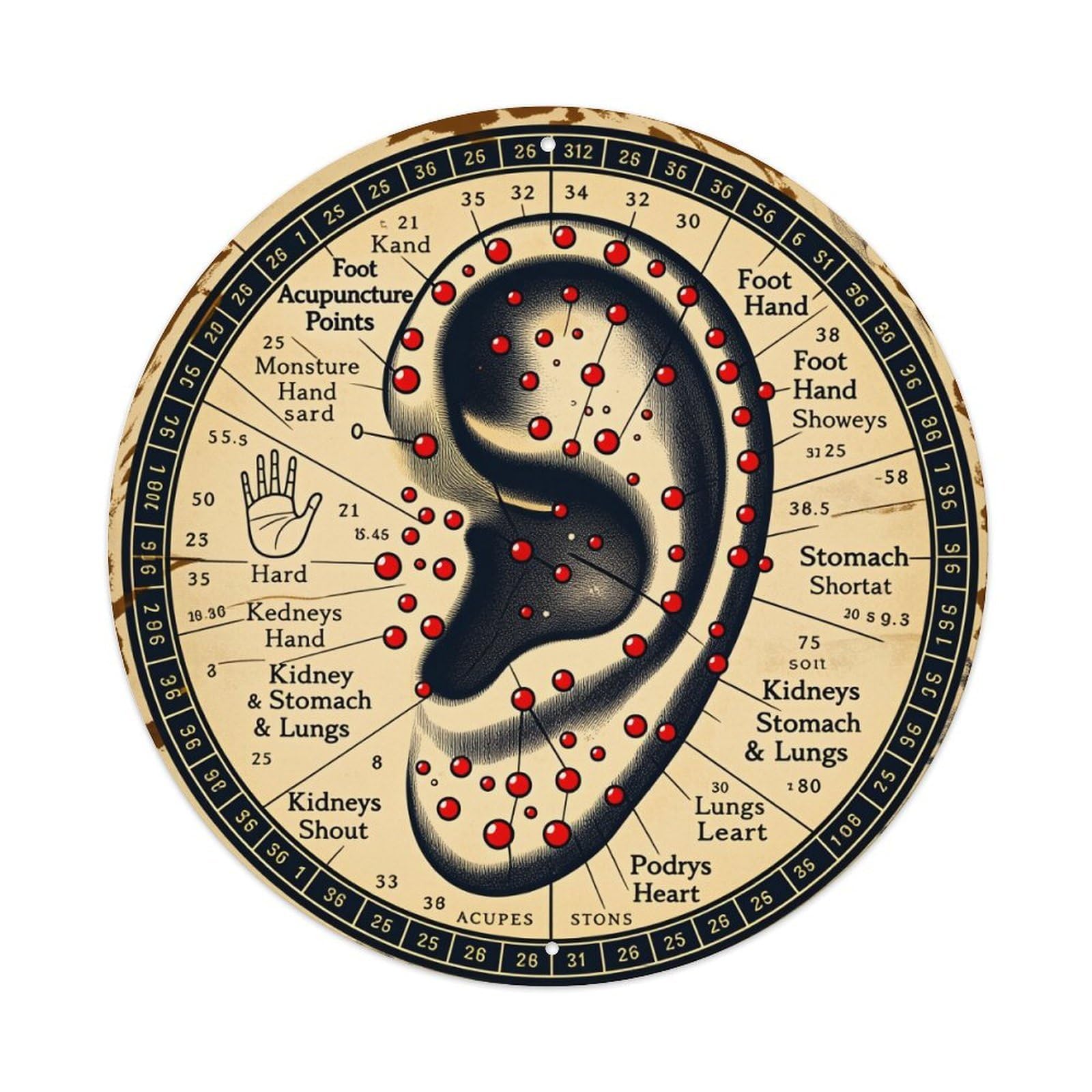 Lzwbntey Vintage Ear Acupuncture Points Map Chart Metal Tin Sign Retro Wall Decor For Home Bar Garage Cafe, Indoor & Outdoor Decorative，Circle Metal Poster, 8X8 Inch