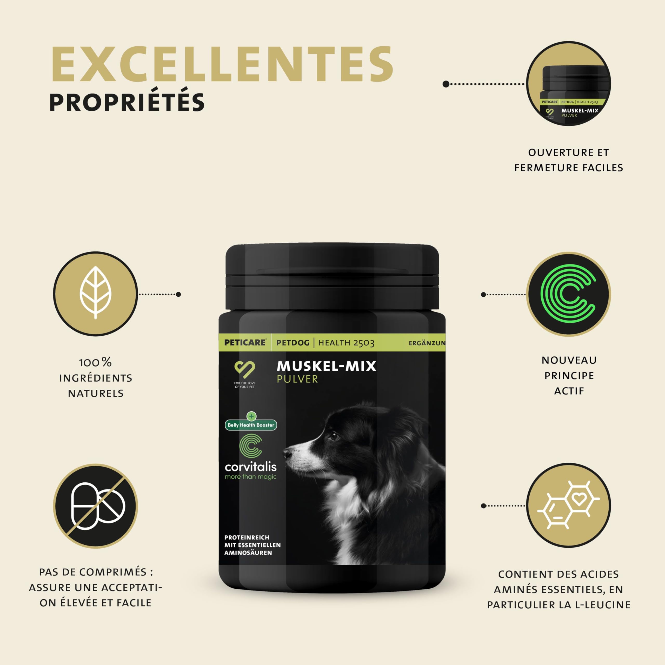 Peticare Mélange Muscles & Activité pour Chiens | Complément Alimentaire avec collagène & acides aminés | Soutien de la mobilité & de la vitalité | pour Chiens Actifs & Seniors | petDog Health 2503