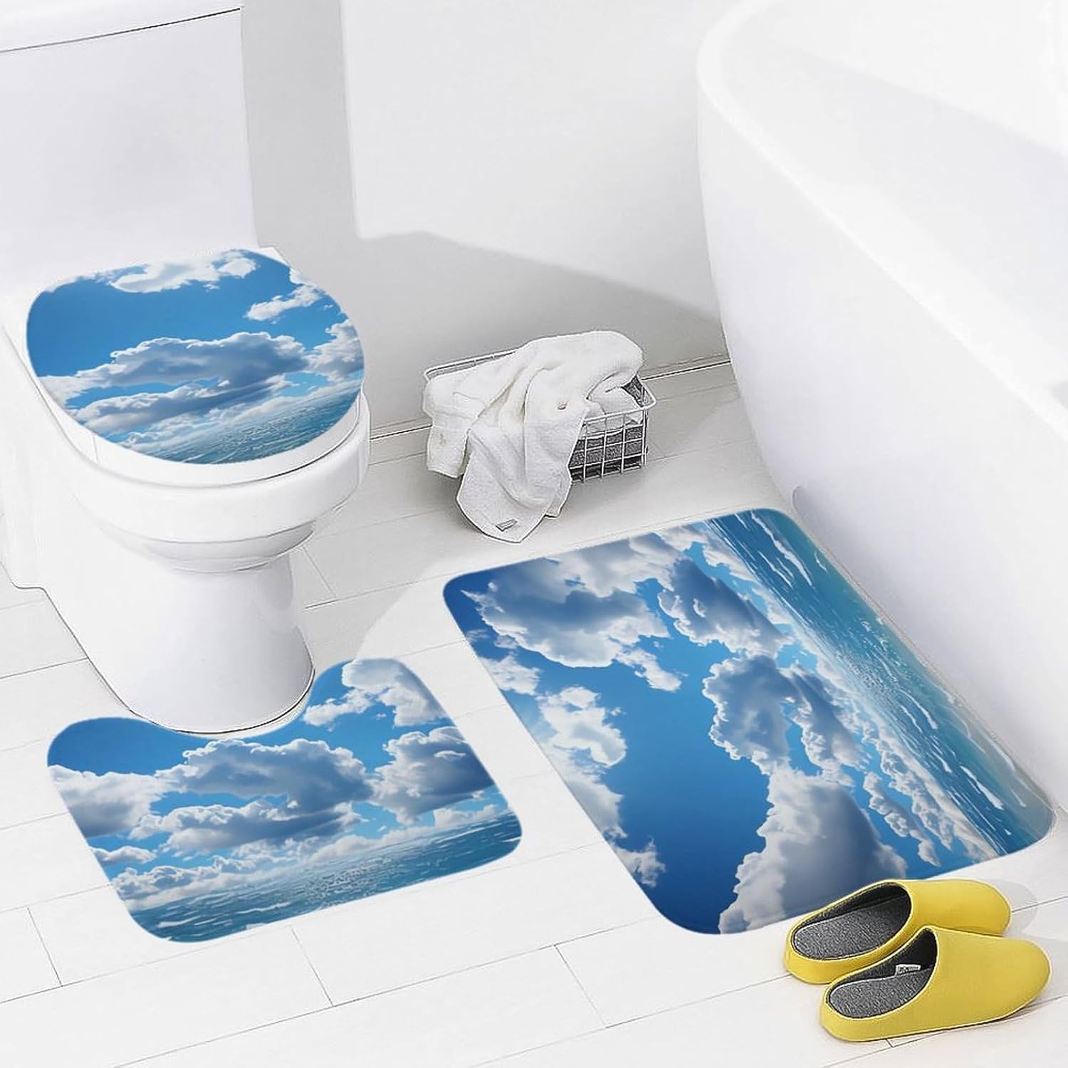 Anti-Skid Floor Mats 3 Piece Set,Ocean and White Cloud Printed Coral Fleece Bathroom Mats U-Shaped Contour Mat Toilet Seat Cover for Bathroom, Tub, Shower, Kitchen 19.7"x31.5"