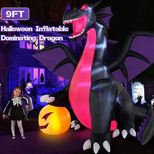 Miniatura 2 de Danxilu Dragón dominante inflable de Halloween de 9 pies con calabaza para decoración al aire libre, decoración de patio inflable con luces LED