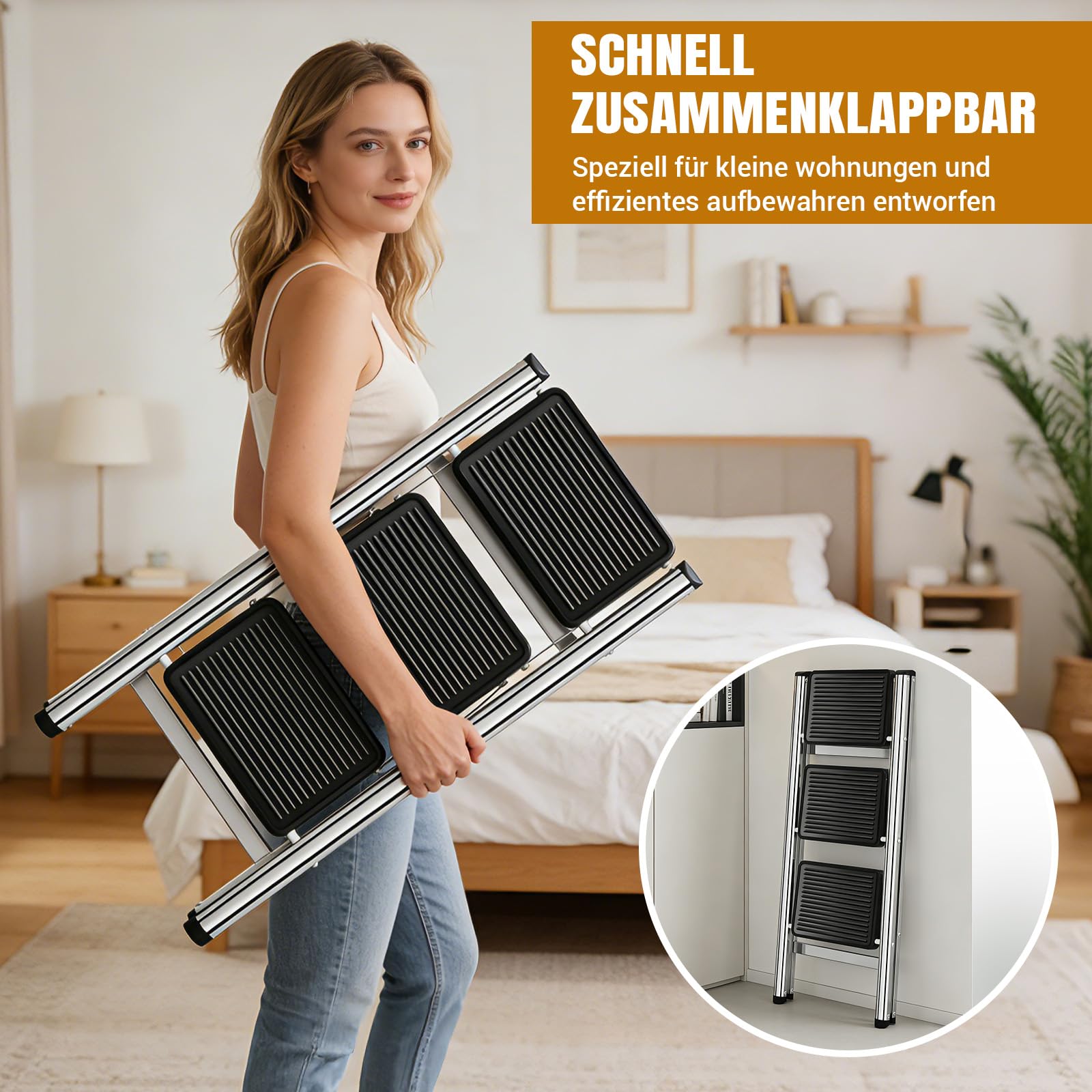 Escalera de 3 peldaños plegable con amplia plataforma antideslizante, escalera de acero inoxidable ligera con capacidad de carga de 150 kg, diseño plegable compacto para el hogar, cocina, autocaravana
