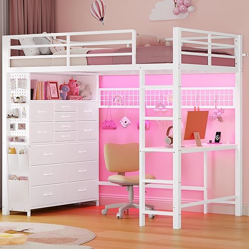 ADORNEVE Twin Loft Bed with Desk,14 Storage Drawers & Power Outlet, Kids Loft Bed Twin Size with LED Lights, Pegboard, Metal Loft Beds with Safety Guardrail & Ladder, Space Saving for Teens, White
