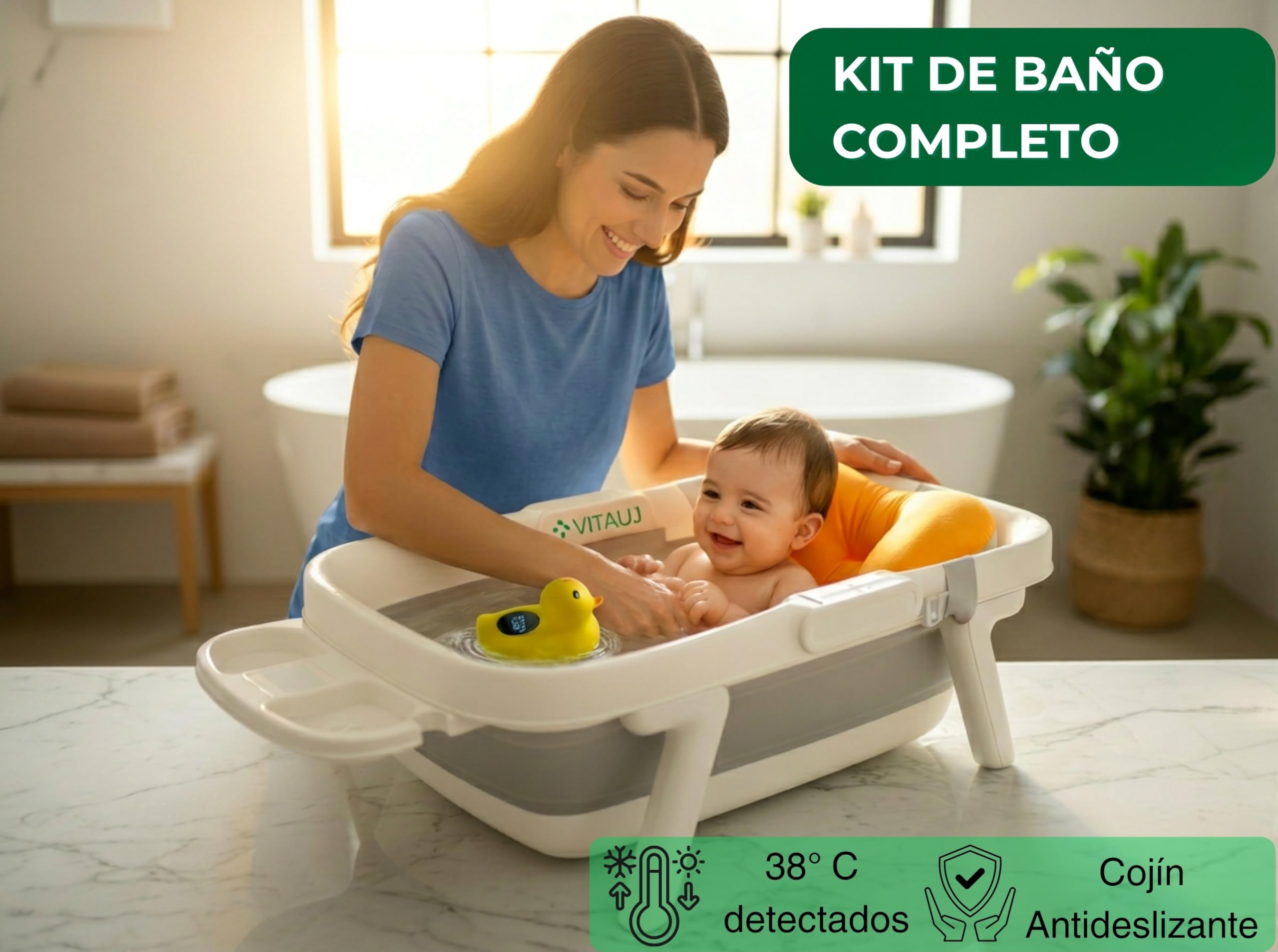 Bañera Plegable Bebé 0–36 Meses con Cojín Antideslizante, Termómetro sin Cables y Juguete | Grande, Segura y Compacta