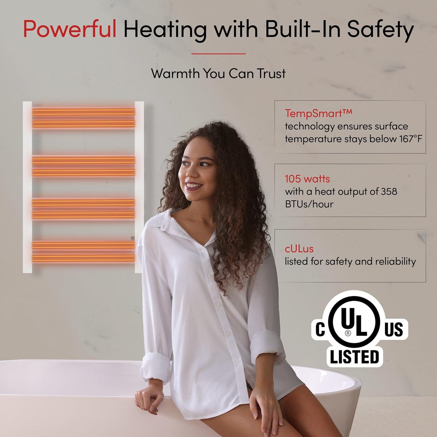 WarmlyYours Heated Towel Warmer Rack, 8-Bar, Hardwired, Integrated On/Off Switch with Light, 304-Stainless Steel (Maple)