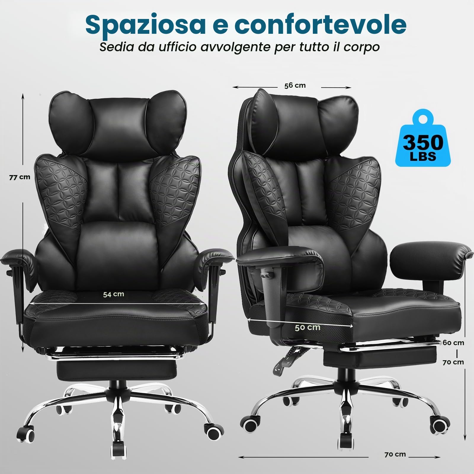 COMHOMA Sedia da ufficio 150 kg, Sedia da gioco, Sedia da gioco ergonomica con seduta ampia Sedia a schienale alto in pelle braccioli regolabili supporto lombare a molle insacchettate