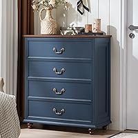 Joaxswe Farmhouse 4-Drawer Dresser, 37" Tall Rustic Navy Blue Chest w/ Solid Wood Feet - Bedroom & Living Room Storage