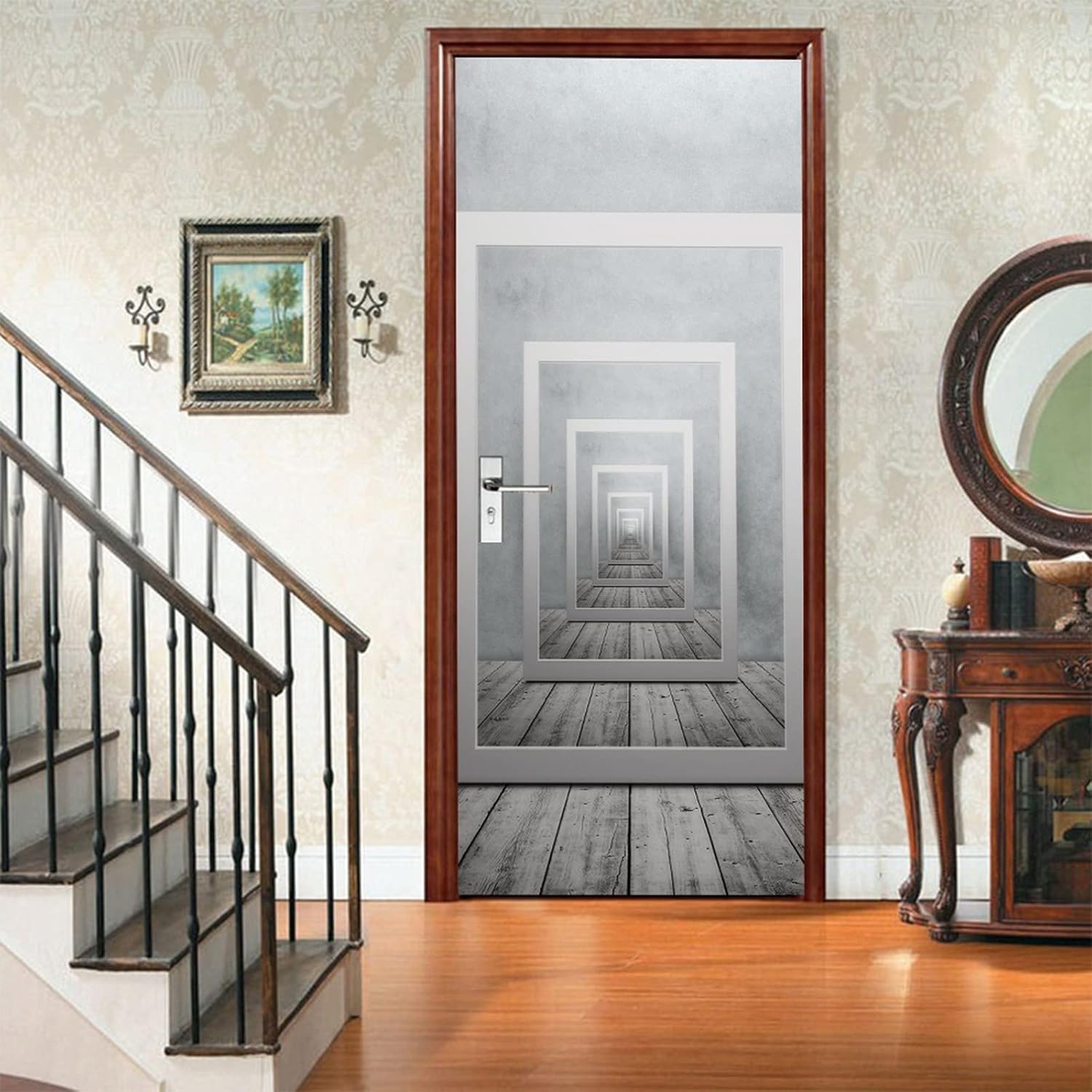 A.Monamour 3D Door Stickers for Interior Doors Endless Picture Frames in Room with Wooden Floor Vinyl Waterproof Self Adhesive Door Mural Decals for Bedroom Office Bathroom 95 x 215 cm