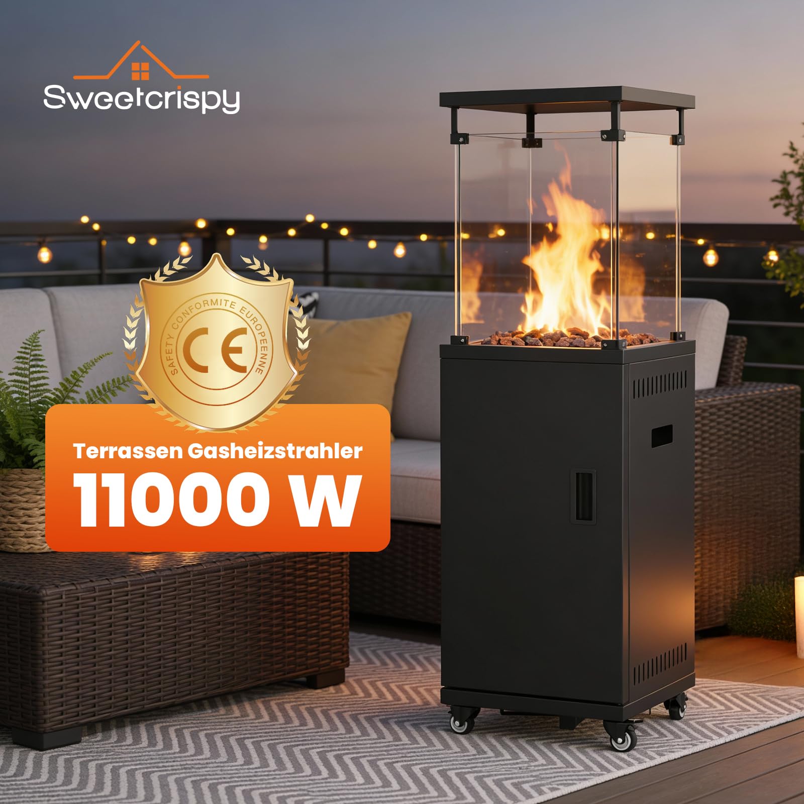 Sweetcrispy Heizstrahler Terrasse Gas 11 kW, Terrassenheizer, Propan Butan Gasheizstrahler, Mobiler Tragbarer Heizpilz, 360° Rollen Kippschutz, Gasheizung Gasheizer für Outdoor Garten, Schwarz