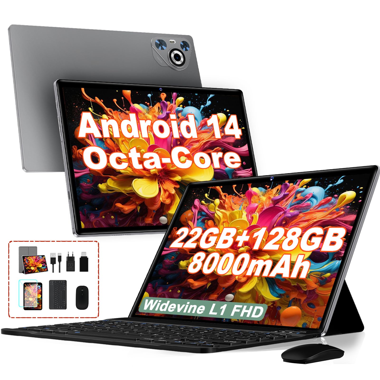 2025 Tablet 10 pollici Android 14, 22GB RAM 128GB ROM/TF 1TB, Processore Octa-Core, 8000mAh, Corpo in Metallo, Face ID, 8MP+5MP, Doppio WiFi, Widevine L1, Protezione Occhi, Tastiera, Mouse, Gray