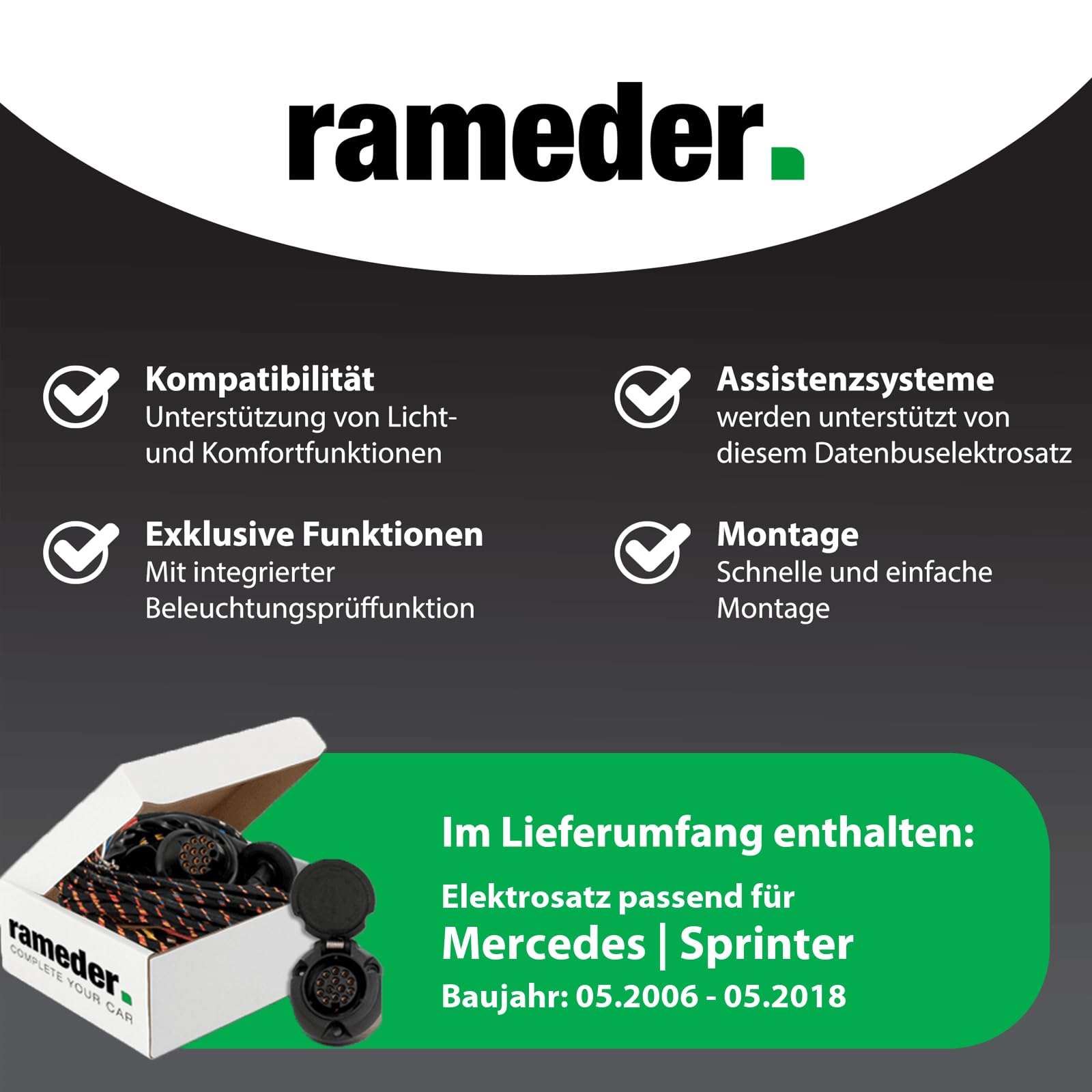 Anhängerkupplung starr G.D.W. passend für Mercedes Sprinter Radstand 4325mm Baujahr: 2006-2018 inkl. 13 poligem spezifischen CAN-Bus Elektrosatz | rameder. Komplettsatz - 50T