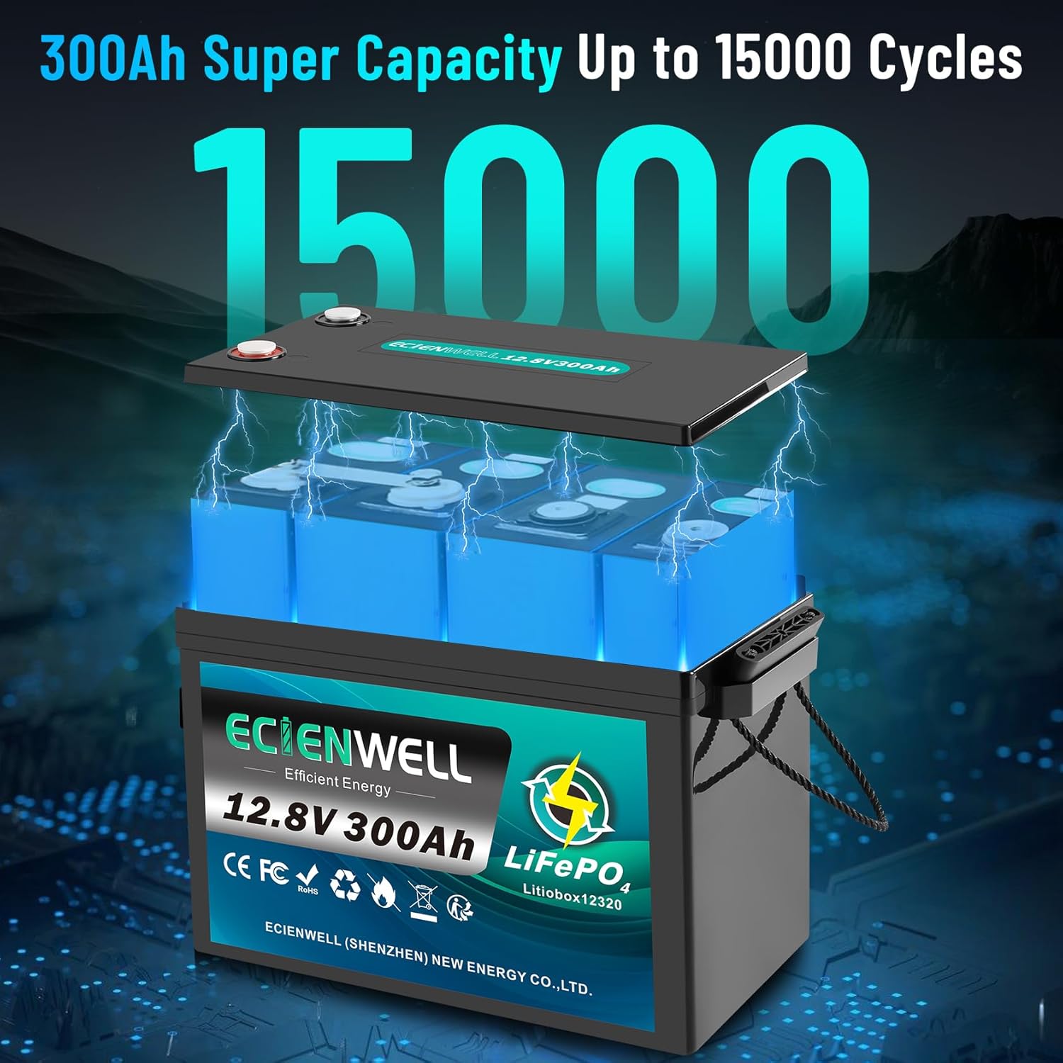 12V 300Ah Lithium LiFePO4 Battery, 15000+ Deep Cycle Battery with Upgraded BMS, 3840Wh Lithium Batteries Waterproof with Low Temp Cut off for RV, Marine, Trolling Motor, Solar
