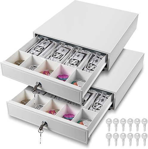 Miniatura 1 de Cajón de caja registradora de 2 piezas, 13 cajones de efectivo resistentes con 4 billetes, 5 ranuras para monedas, caja de bandeja de efectivo