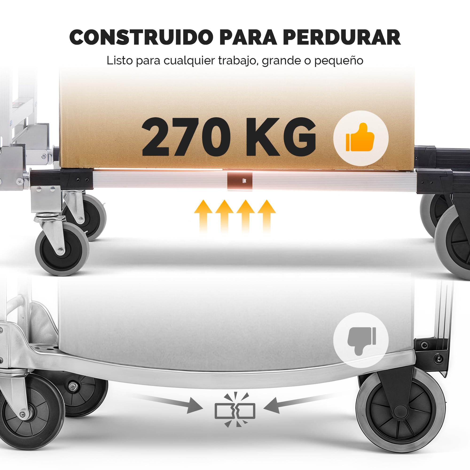 CREWORKS Carretilla Plegable de Aleación de Aluminio 2 en 1, Capacidad Máxima de Carga de 270kg Carro Plegable con Ruedas Bloqueables y 2 Correas para Mudanzas de Casas Estudio y Supermercados