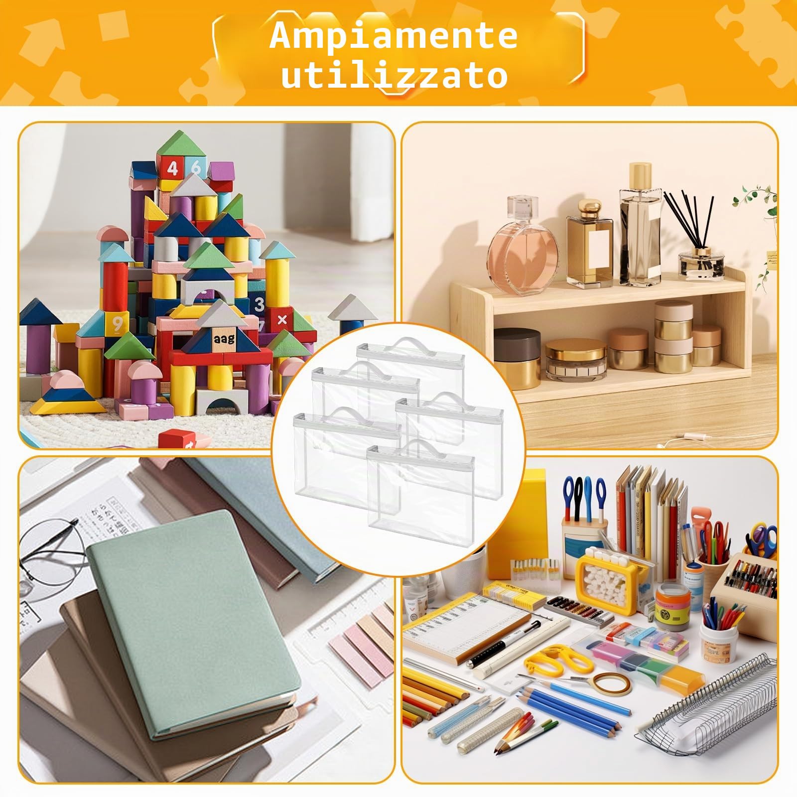 10 sacchetti grandi in PVC con cerniera, 33 x 31 x 8 cm, impermeabili e riutilizzabili