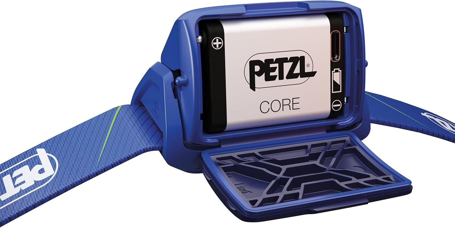 PETZL Tikka CORE Headlamp - Rechargeable, Compact 450 Lumen Light with Red Lighting, for Hiking, Climbing, and Camping - Blue