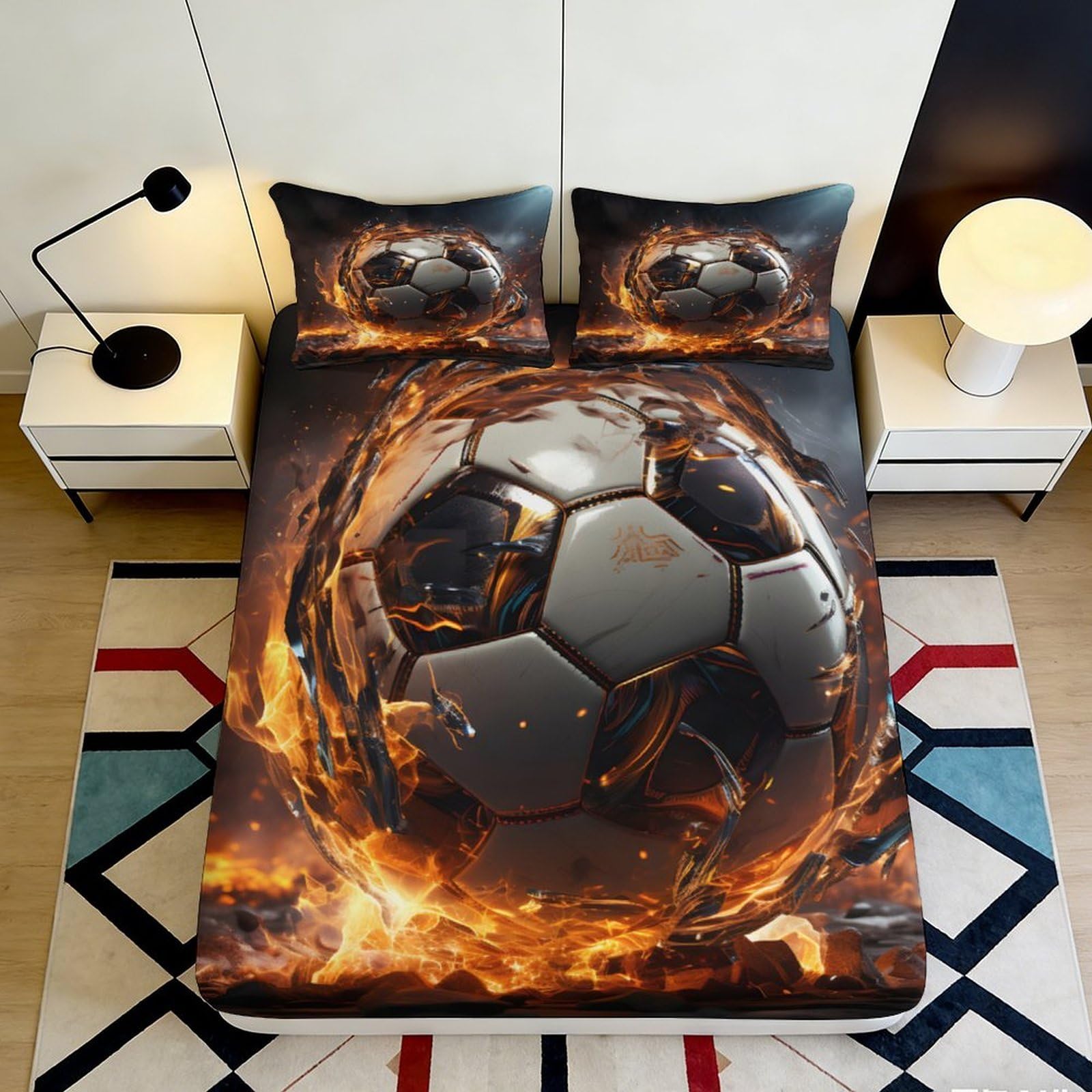 3D Printed Flaming Football Fitted Sheet Microfiber Soft Non-slip Fire Soccer Bed Cover for Bedroom Dorm Mattress Protection Decor 90x200x25cm