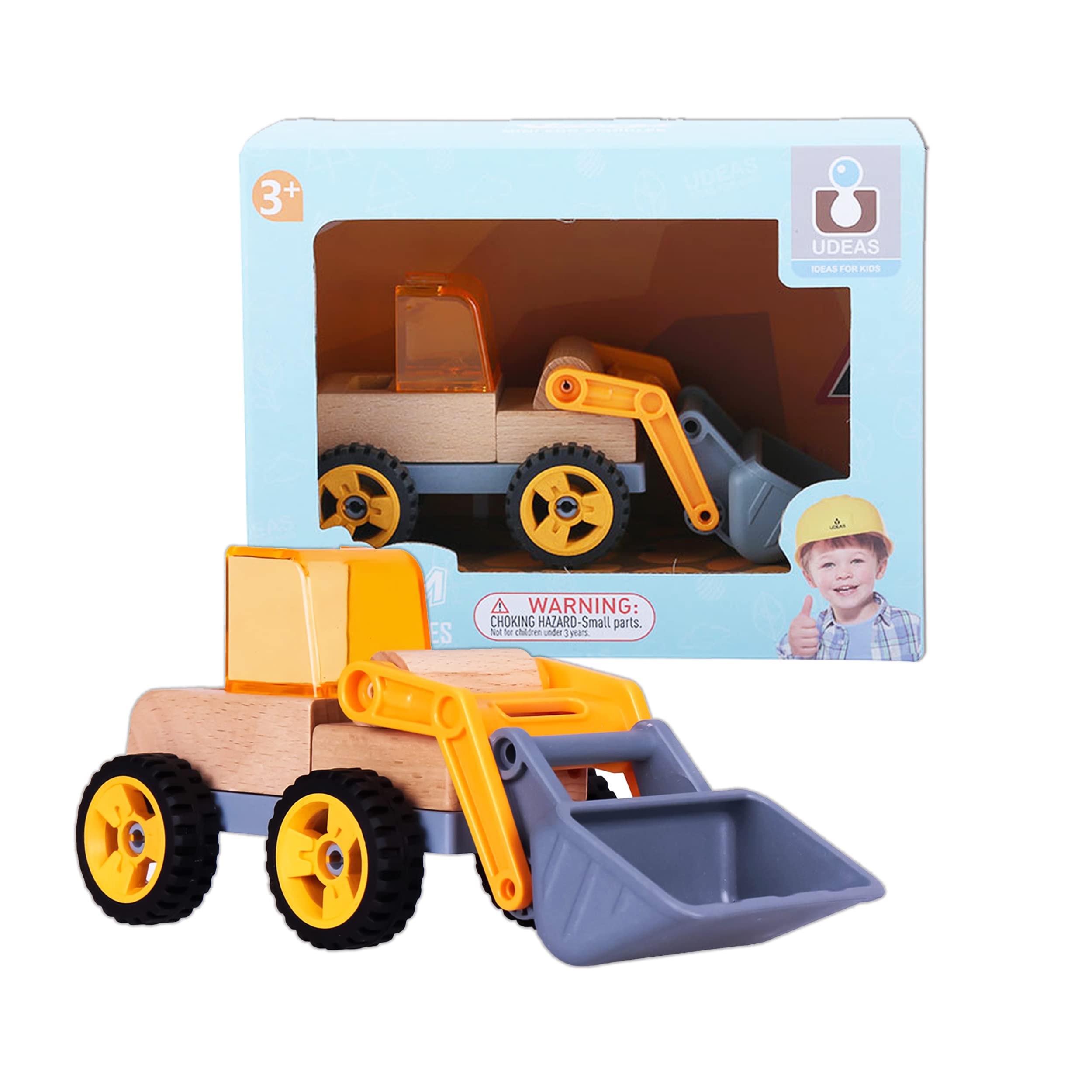 Udeas Wheel loader sandpit with movable loading arm, toy from 3 years, children's wooden toy, toy sandpit, black wheels and bright colours