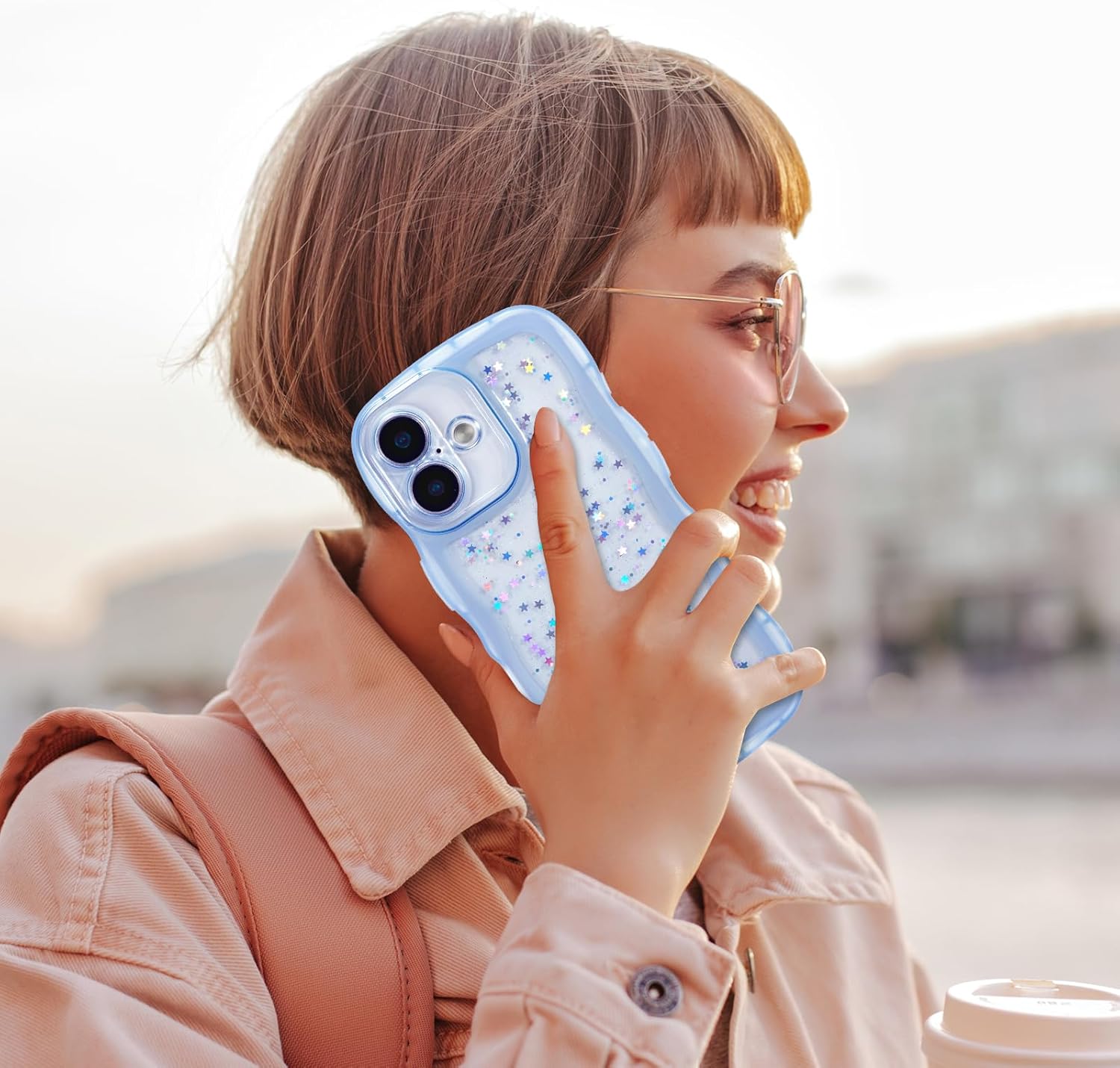 ZTOFERA for iPhone 16 Case 6.1",Cute Curly Wave Case with Star Glitter,Clear Shiny Bling Soft TPU Shockproof Phone Protecive Cover for Women Girls-Blue - Image 7