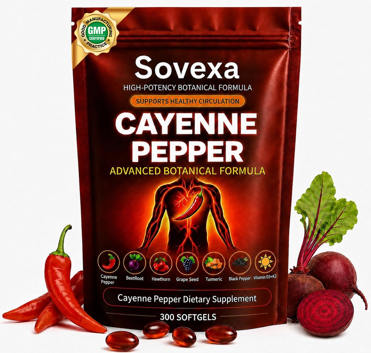 Sovexa Cayenne Pepper Softgels Supplement - 300 Count 100-Day Supply