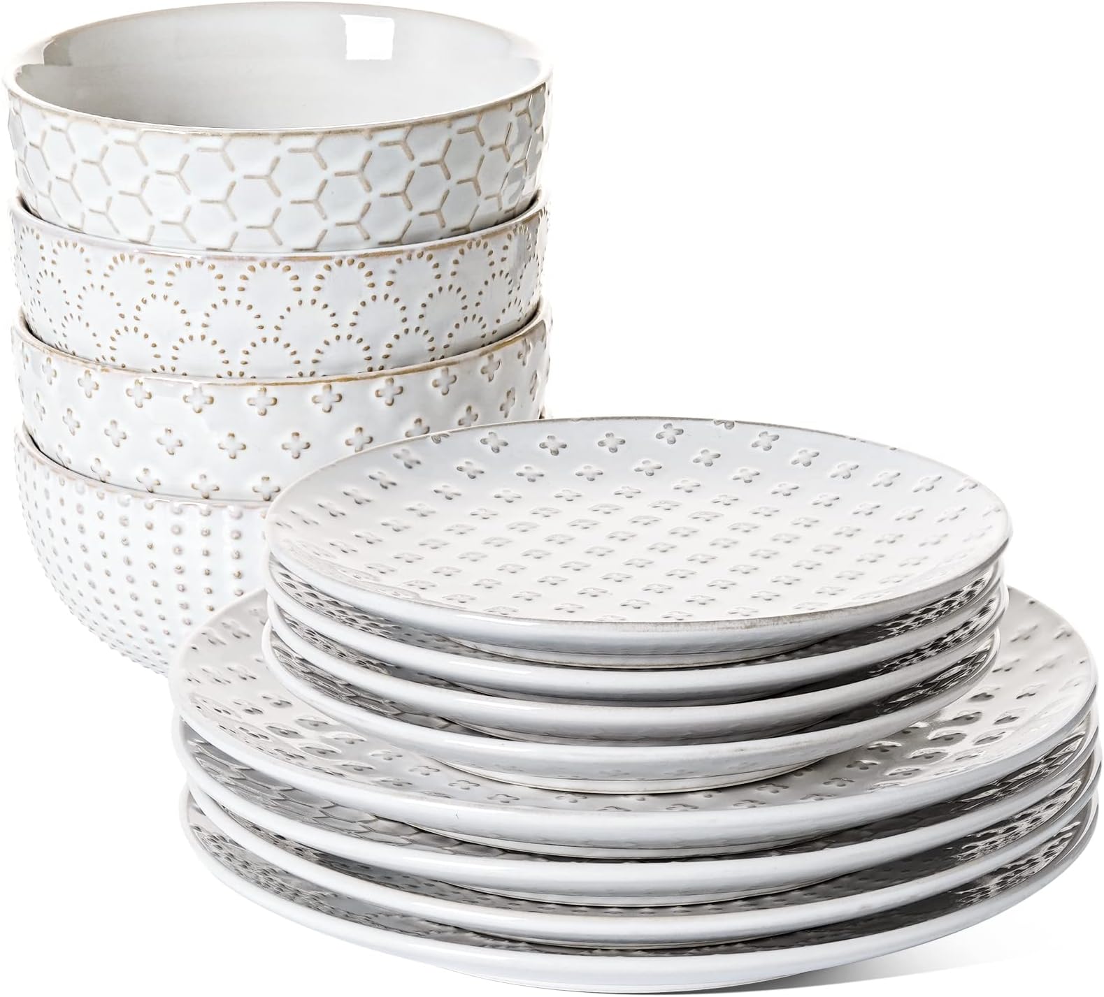 LE TAUCI Plates and Bowls Sets for 4, 12 Piece Ceramic Dinnerware Sets, Modern Stoneware Kitchen Dish Set, Chip Resistant, Microwave & Dishwasher Safe, Embossed, Arctic White
