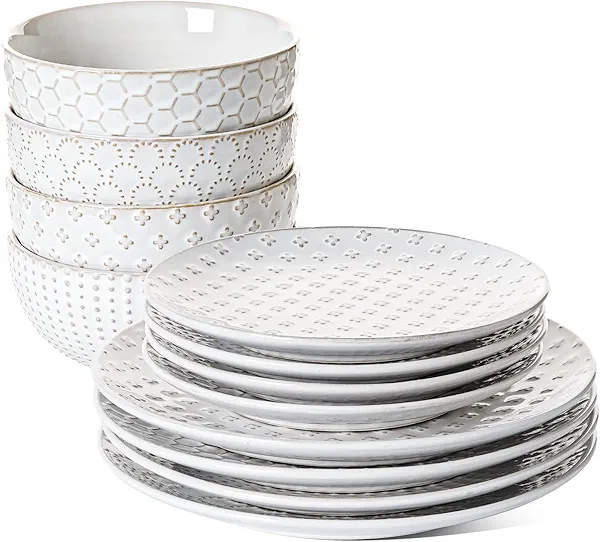 LE TAUCI Dinnerware Sets 12 PCS, Ceramic Plates and Bowls Set, Suit For Housewarming (10" Dinner Plate + 8" Salad Dish + 26 oz Cereal Bowl) x 4, Oven safe - Arctic White