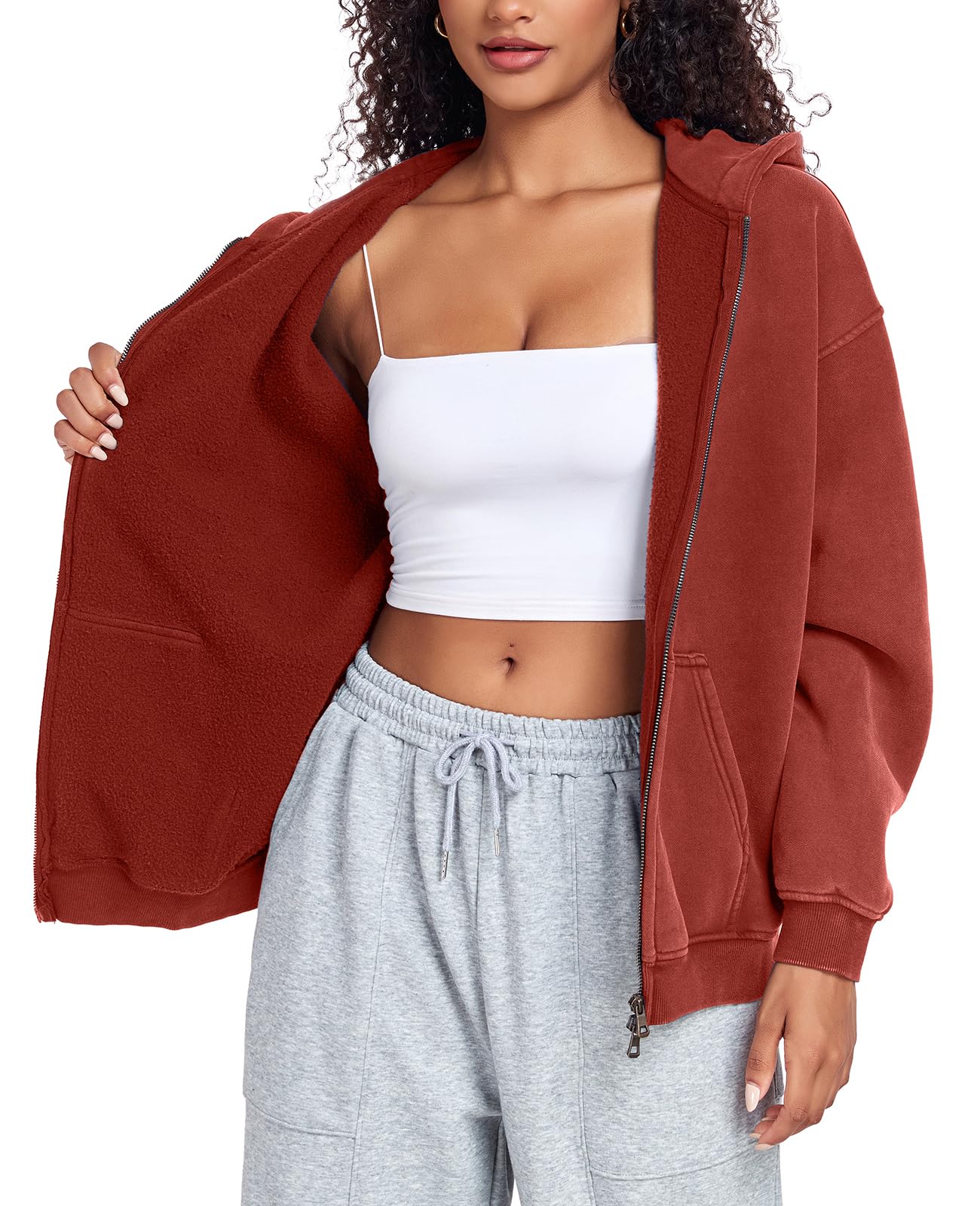 HOUZONIY Hoodie Damen Sweatjacke Kapuzenjacke Oversize Reißverschluss Fleece Sweatshirt Einfarbig Herbst Jacken Y2k Kapuzenpullover