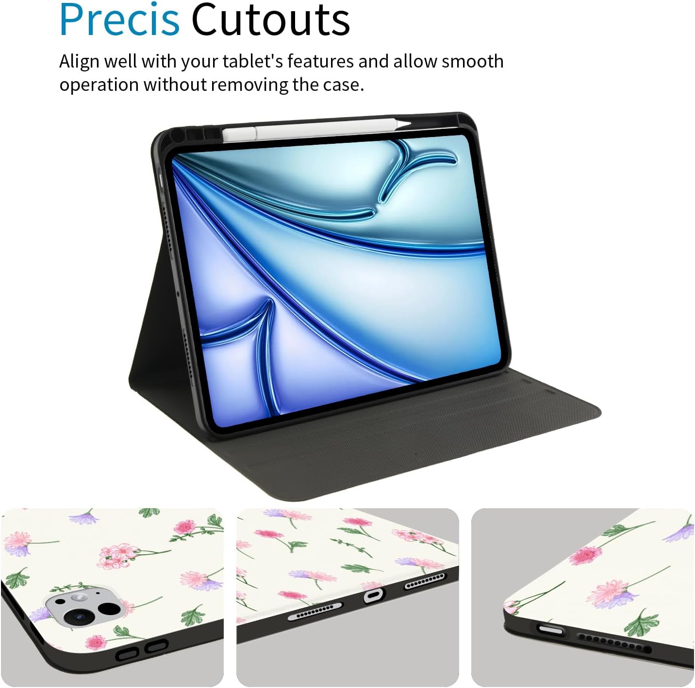 JOYLAND Floral Case for iPad Pro 12.9 inch 2022/2021,Cute Flowers and Leaves Pattern Anti-Scratch Shockproof Premium Folio Stand Case with Pencil Holder,for iPad Air 13 Inch 2024