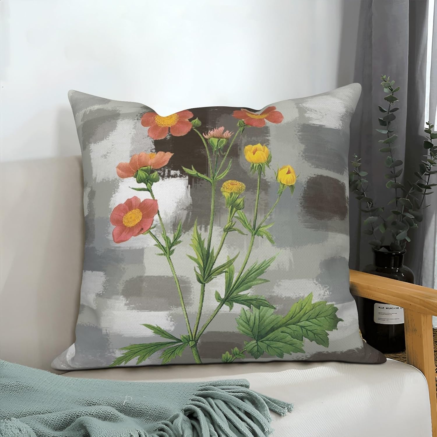 4 Pcs/Set Floral Throw Pillow Covers Spring Summer Red Lily Flower Red Flower Green Leaves Plants Patchwork Background Minimalist Linen Pillow Cases for Sofa Couch Room Wedding, 20"x20"
