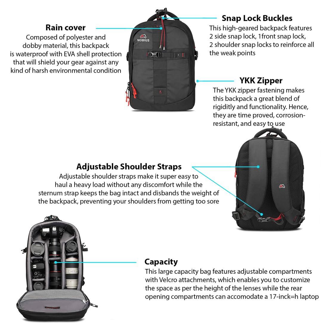 MOBIUS Trensetter Pro DSLR Backpack Bag with Rain Cover|100% Waterproof Camera Bag with 15.4Inch Laptop Compartment Tripod Holder|Suitable for 18-135 85mm-F1 8 70-200 lenses Flash Charger Slot 4