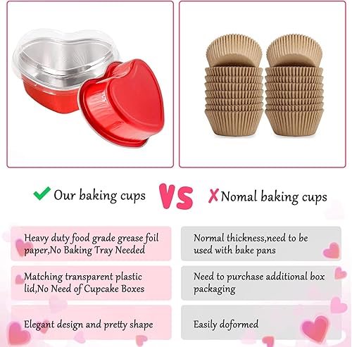 Miniatura 7 de AXZTYYLA - Paquete de 50 moldes para pasteles en forma de corazón, de papel de aluminio, de 3.4 onzas, con tapas y cucharas, forros desechables para