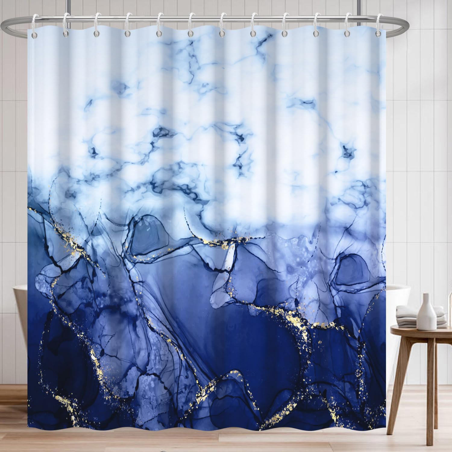 Navy Blue Shower Curtain, Abstract Marble Shower Curtain for Bathroom Waterproof Fabric Shower Curtain Set with Hooks 72x78 inches