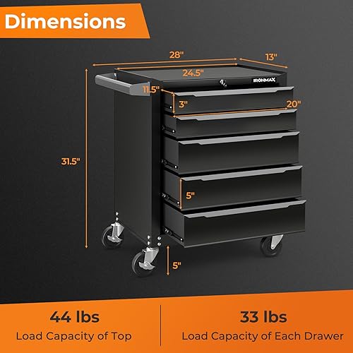 Vista 5 de Goplus Cofre de herramientas con ruedas de 5 cajones, gabinete de almacenamiento de herramientas de acero con asa, agujeros para colgar, sistema