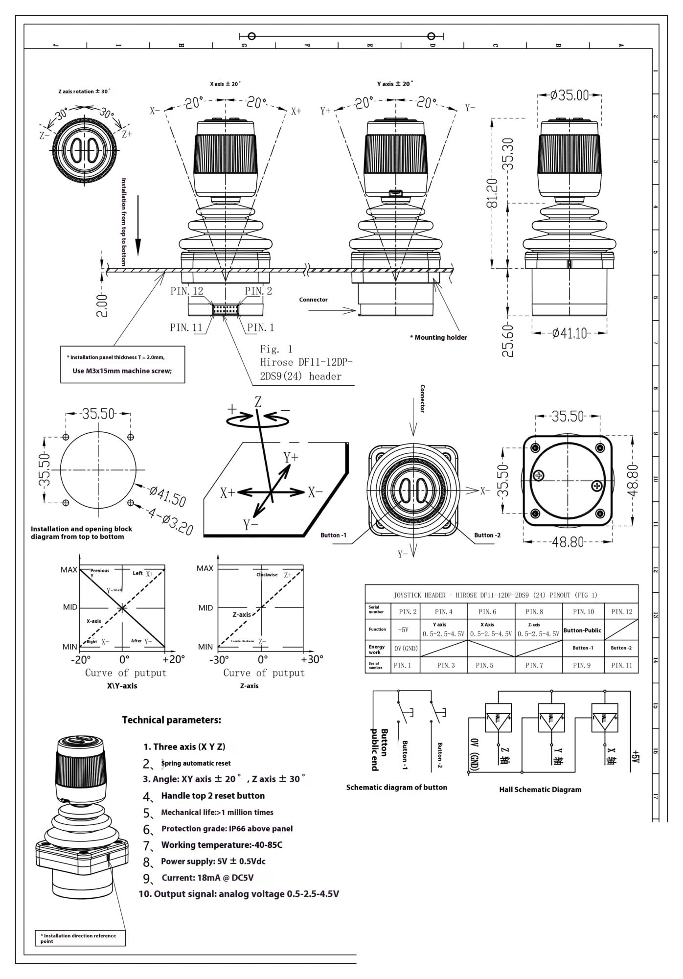 Palanca de Mando Industrial del Pasillo, Joystick de Efecto Hall 2 Botones Superior SMC36B(Output 0.5-2.5-4.5V)