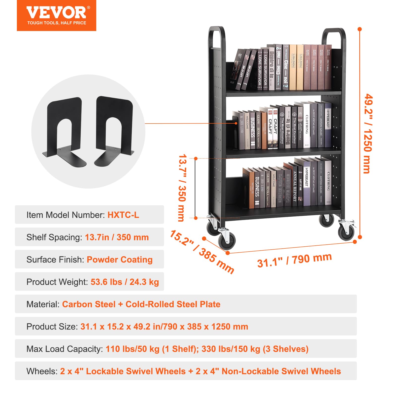 VEVOR Bibliothekswagen 790 x 385 x 1250 mm Abräumwagen 3 Regale Bücherwagen Kohlenstoffstahl + kaltgewalzte Stahlplatte Servierwagen 150 kg Gewichtskapazität (50 kg pro Regal) inkl. 2 Buchstützen