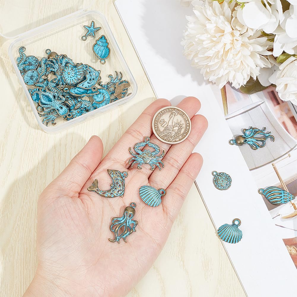 SUNNYCLUE 1 boîte de 40 pièces 10 Styles de Breloques sur Le Thème de L' Océan, Breloques de la Vie Marine en Vrac, Couleur Bronze Antique, Turquoise, Animal de L'Océan, Breloque D'Été Vintage