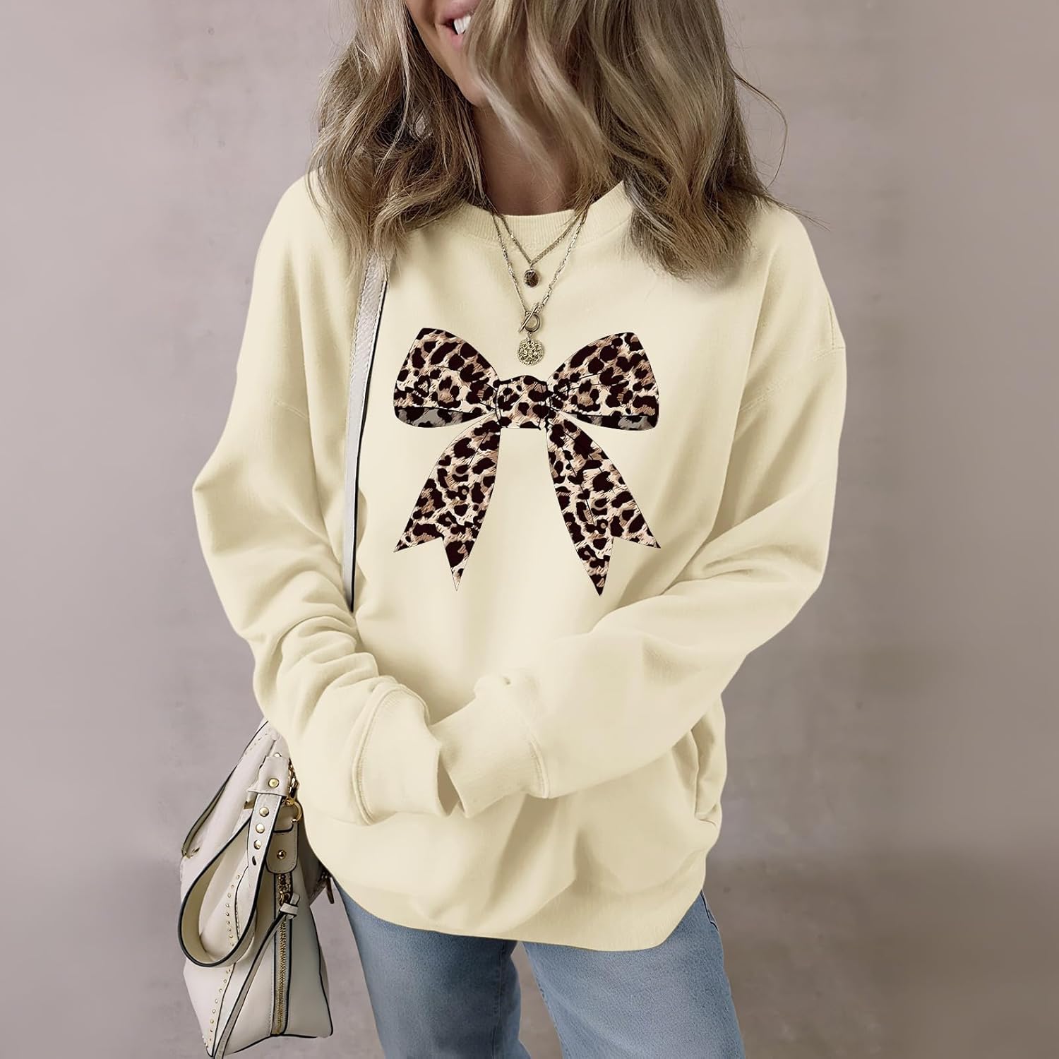 Bow Sweatshirt for Women Leopard Print Cute Sweatshirts Graphic Preppy Pullover Trendy Casual Crewneck Clothes - Image 5