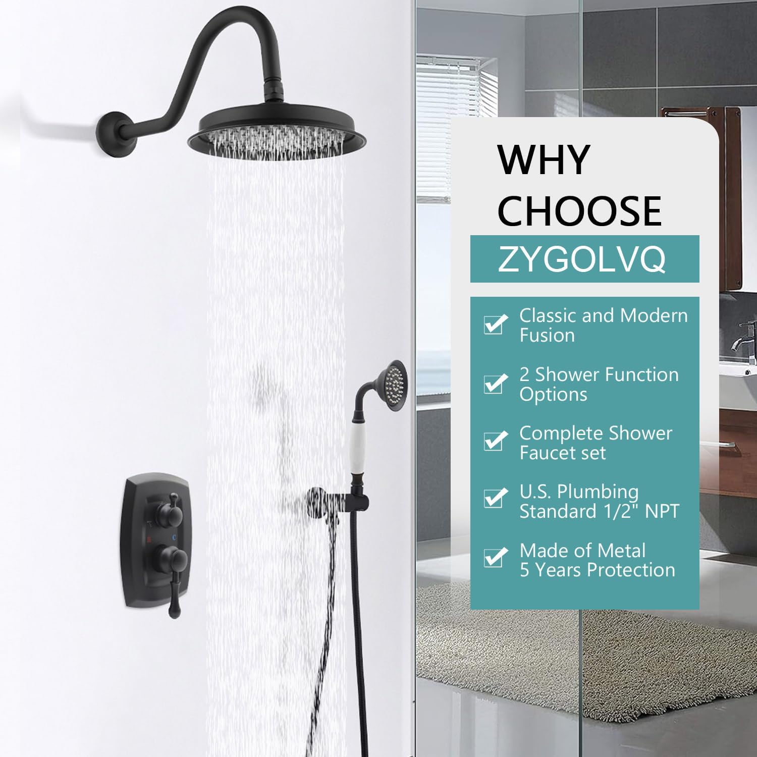 Antique Shower System: 9" Vintage Rain Head with Handheld, 2 Way Diverter Rough in Brass Valve and Trim Kit, Wall Mounted Faucet Sets, Matte Black
