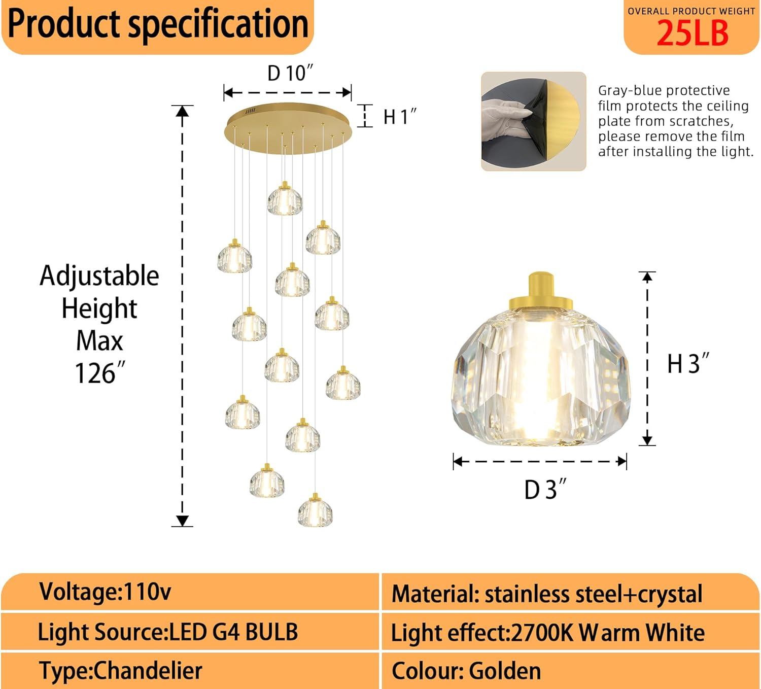 Modern LED Crystal Ball Chandelier Gold 12-Light Raindrop Chandeliers for Foyer Entrance K9 Crystal Chandeliers for High Ceiling