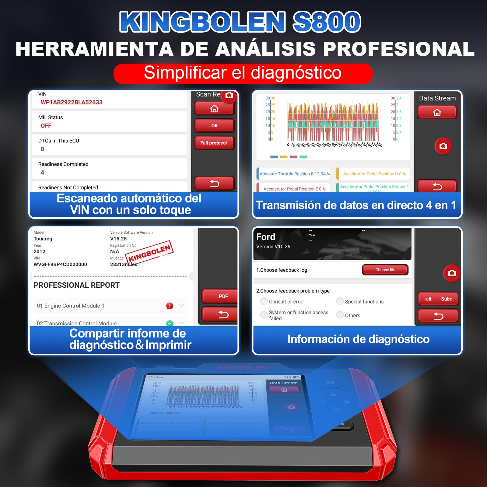 KINGBOLEN Diagnosis Coche Multimarca de 4 Sistema(ABS/SRS/ECM/TCM),S800 Maquina Diagnosis Coche con de 15 Funciones Especiales para Siempre, Obd2 Diagnosis Coche, Auto Vin