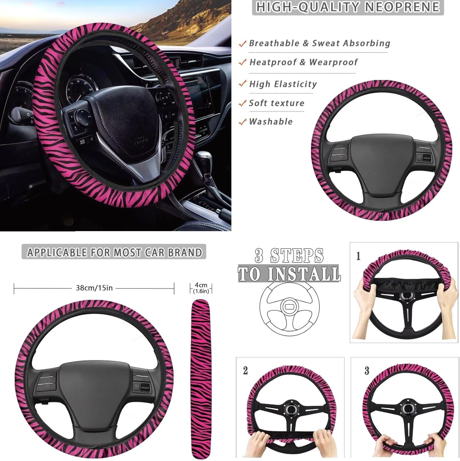 XYZCANDO Pink Zebra Print Auto Seat Covers Sets of 10 Car Seat Belt Cover and Steering Wheel Cover Auto Water Cup Pad Chapstick Holder Comfortable Removable Auto Accessories for Car SUV
