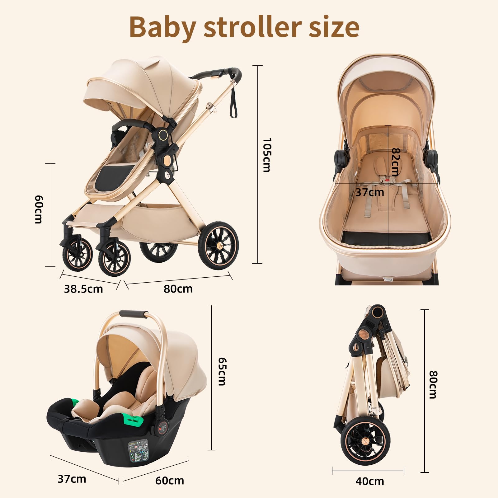 BEBBY Cochecito de bebé 3 en 1,Carrito Bebe 3 en 1 Con Asiento, Cochecitos Portátil Plegable Con, Carricoche Combinado Paisaje Alto Marco de Aluminio Para Recién Nacido (U9-X-BEIGE, U9-X)