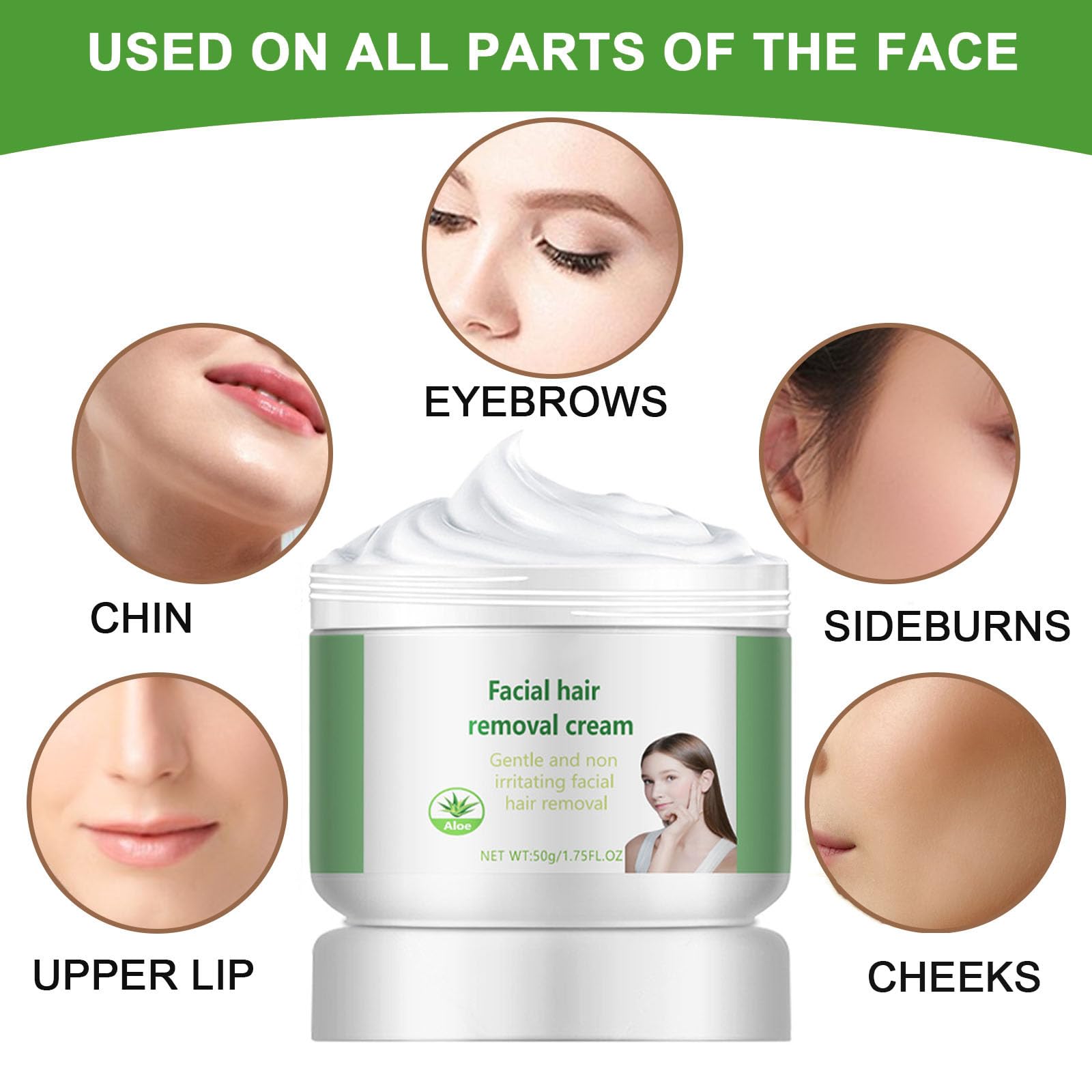 Crema depilatoria facial y depilatoria para mujeres, crema de depilación facial de aloe vera para labio superior y barbilla, removedor de vello facial para piel sensible corporal, suave y no irritante 5