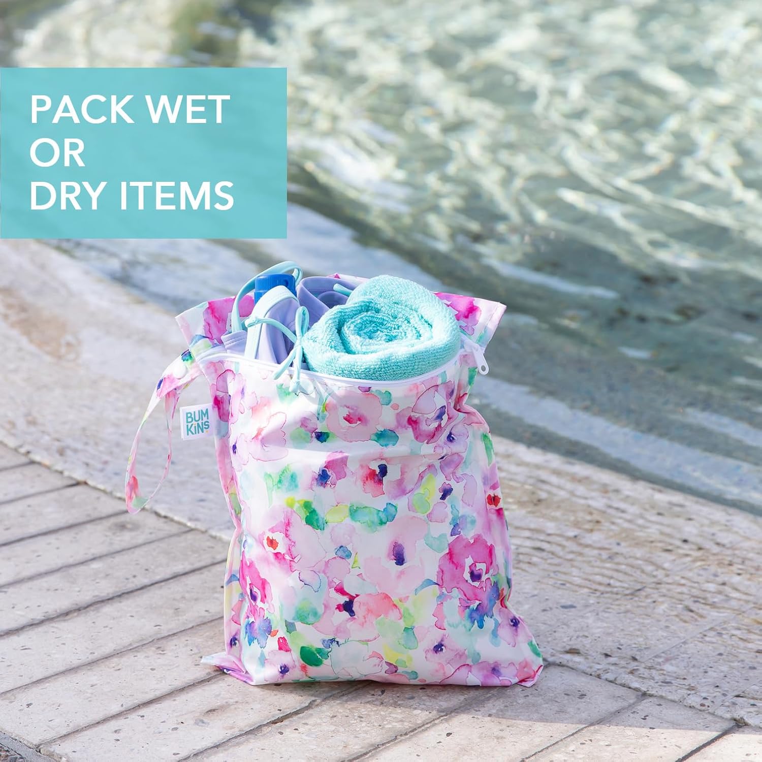 Bumkins - Waterproof Wet Bag & Clear Travel Bags - For Beach, Baby, Travel, Swim Suit, Cloth Diapers, Pump Parts, Pool, Gym, Toiletries - Reusable & Easy to Clean - Watercolor - 4 Pack