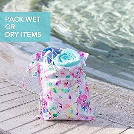 Bumkins Waterproof Wet Bag for Baby, Travel, Swim Suit, Cloth Diapers, Pump Parts, Pool, Beach, Gym Clothes, Toiletry, Hook to Stroller, Daycare, Zip Reusable Wetdry Packing Pouch, Watercolors Floral