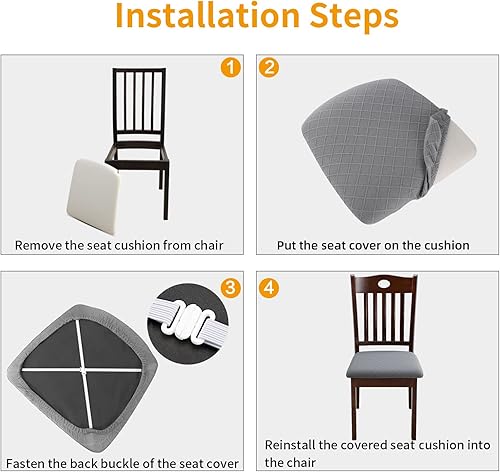Miniatura 6 de Juego de 4 fundas para asiento para silla, impermeables, de tela jacquard, elásticas, extraíbles y lavables, fundas protectoras de asiento para