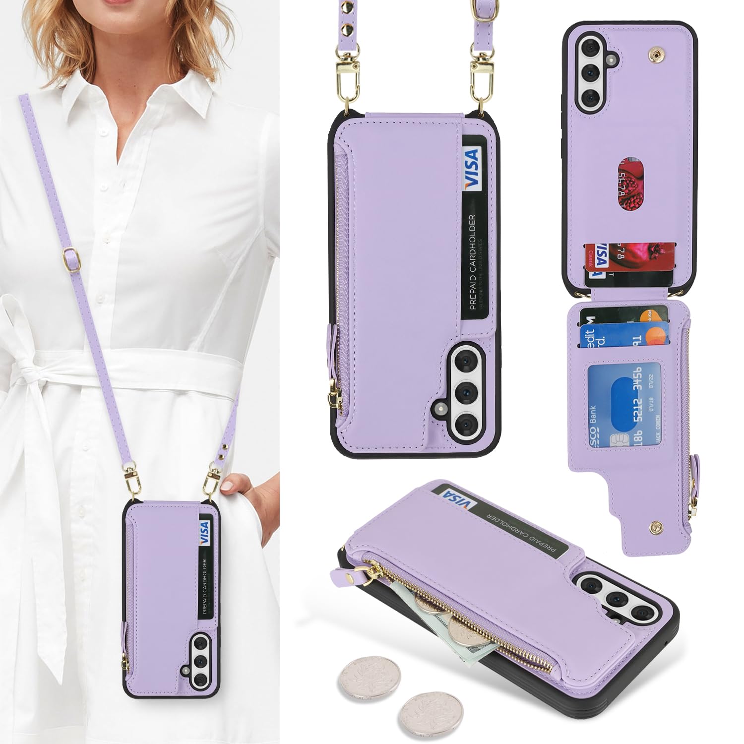 Cavor for Samsung Galaxy A54 5G Case Wallet for Women, Phone Case Galaxy A54 5G Crossbody Case with Strap,Leather Zipper Pocket Card Holder Phone