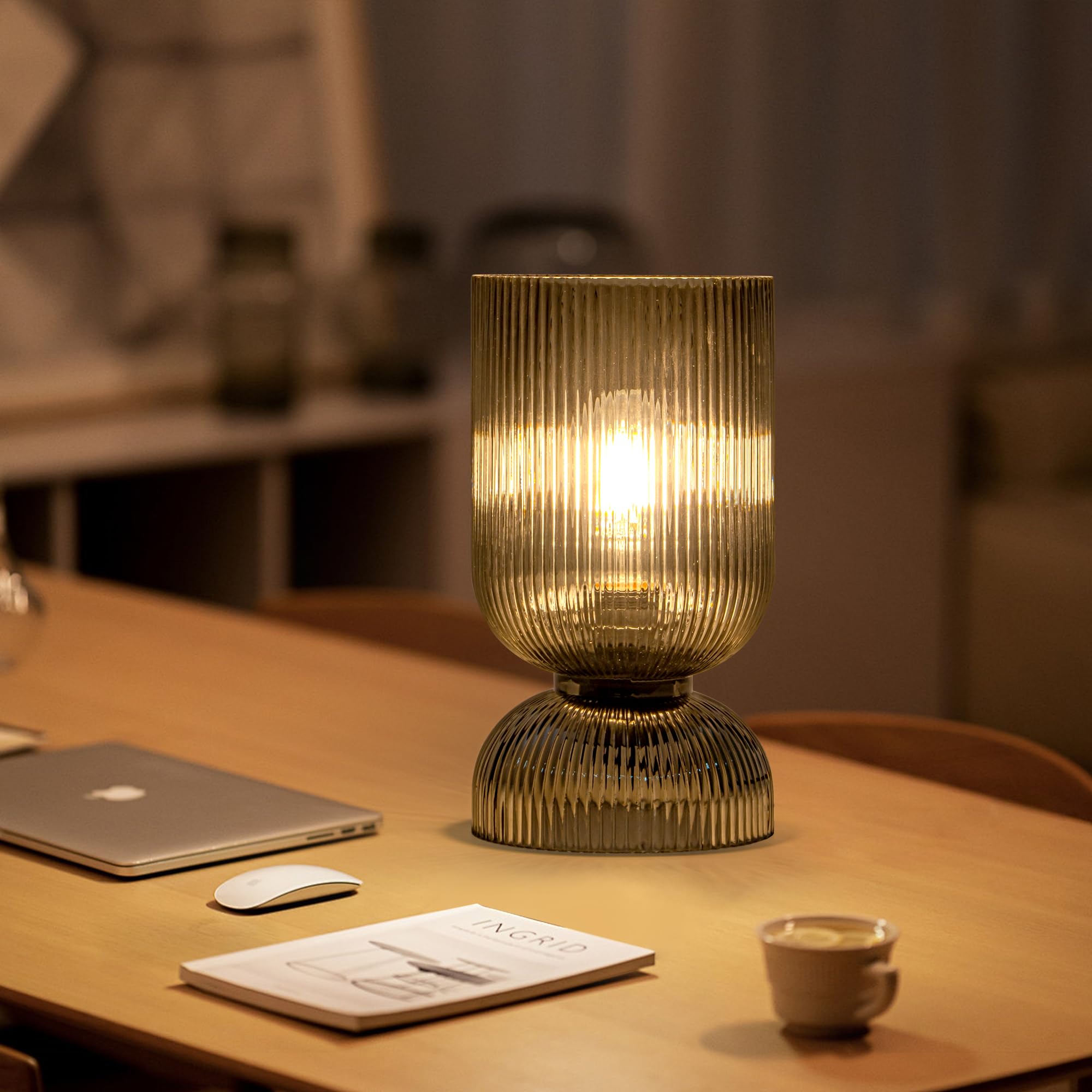 Lámpara de mesa moderna, lámpara de mediados de siglo con pantalla de cristal gris ahumado, lámpara de noche con interruptor de encendido/apagado, lámpara de mesita de noche minimalista para 5